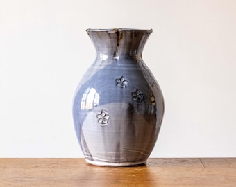 Large Japandi Style Ceramic Vase with Blue Brush Mark