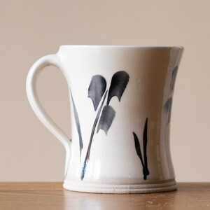 White Handmade Pottery Mug with Black Leaf Decoration 5 image 4