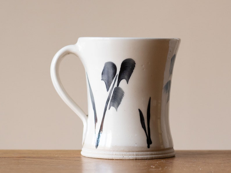 White Handmade Pottery Mug with Black Leaf Decoration 5 image 4