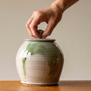 May include: A ceramic jar with a lid. The jar has a rounded body and a lid with a small knob. The jar is mainly beige with green and white accents. The jar is on a wooden surface.