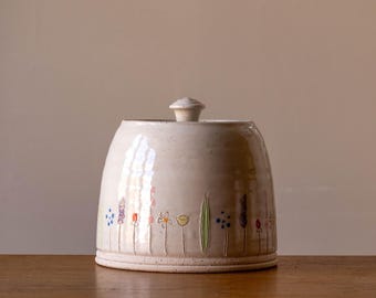 White Handmade Pottery Lidded Container with Midsummer Flower Design