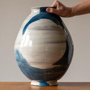 Large Handmade Ceramic Moon Jar with Blue Brush Decoration