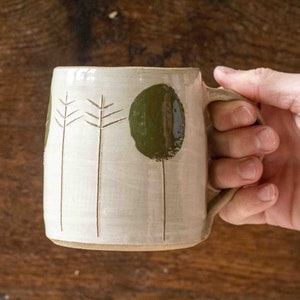 White Handmade Pottery Mug with Knole Trees Design image 3