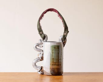 Handmade Pottery Vessel with Textile Handle