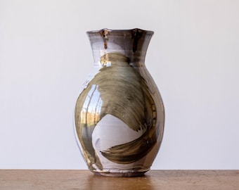 Large Japandi Style Ceramic Vase with Brown Brush Mark