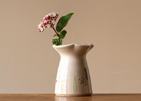 Small White Handmade Pottery Posy Vase with Midsummer Flower Design