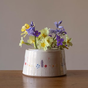 Small White Handmade Pottery Flower Brick with Midsummer Flower Design #1