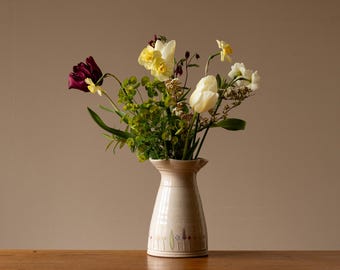 Handmade Pottery Vase with Flared Rim and Midsummer Flower Design