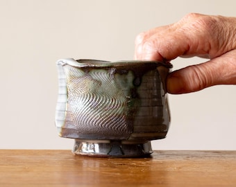 Handmade Faceted Ceramic Tea Bowl with Green Brush Marks