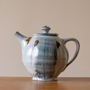 Four Cup Handmade Stoneware Pottery Teapot with Misty Blue Brushed Design #1