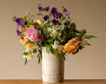 Large White Oval Handmade Pottery Vase with Midsummer Flower Design