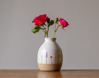 Small White Handmade Pottery Bud Vase with Midsummer Flower Design, ideal for Mother's Day Gift