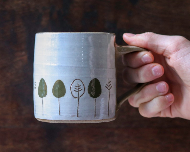 White Handmade Pottery Mug with Knole Trees Design image 1