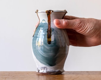 Small Handmade Japandi Inspired Ceramic Bud Vase with Turquoise Brush Marks