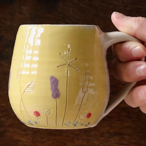 Yellow Handmade Pottery Mug with Wildflowers Design