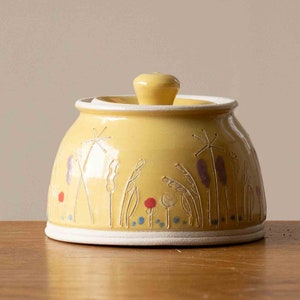 Small Yellow Handmade Pottery Sugar Pot with Lid and Wildflower Design