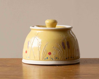 Small Yellow Handmade Pottery Sugar Pot with Lid and Wildflower Design