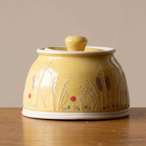 Small Yellow Handmade Pottery Sugar Pot with Lid and Wildflower Design