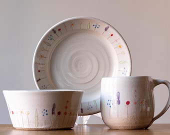 Breakfast set of Tea Mug, Bowl and Small Plate with Midsummer Flower Design
