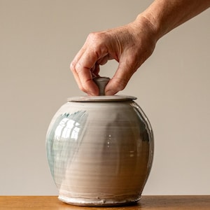 Peut inclure: Un pot en céramique avec un couvercle, de forme arrondie et aux couleurs neutres avec des accents bleu-vert. Le pot est manipulé, suggérant son utilisation comme objet décoratif ou fonctionnel.