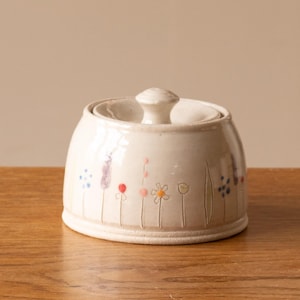 Small White Handmade Pottery Sugar Pot with Lid and Midsummer Flower Design