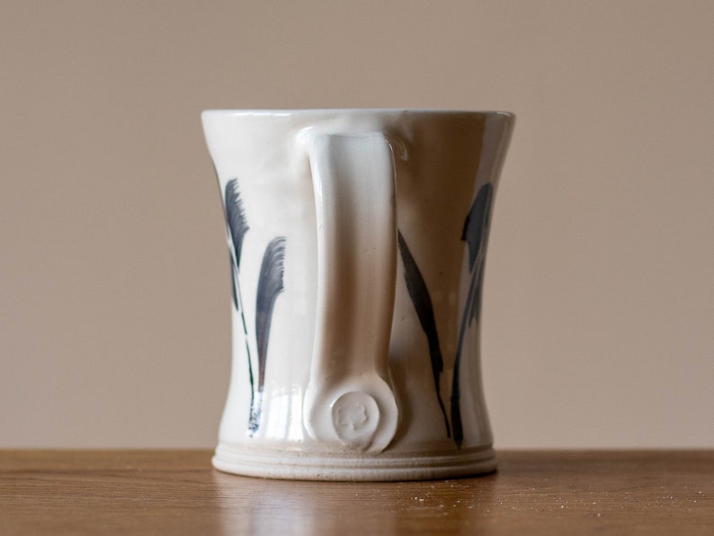 White Handmade Pottery Mug with Black Leaf Decoration 5 image 3