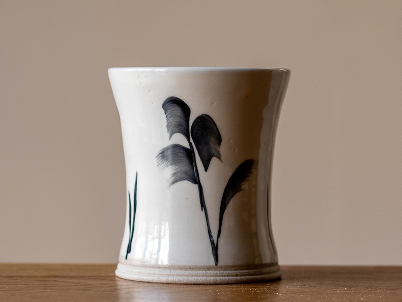 White Handmade Pottery Mug with Black Leaf Decoration 5 image 2