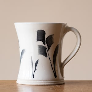 White Handmade Pottery Mug with Black Leaf Decoration 5 image 1