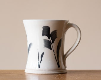 White Handmade Pottery Mug with Black Leaf Decoration #5