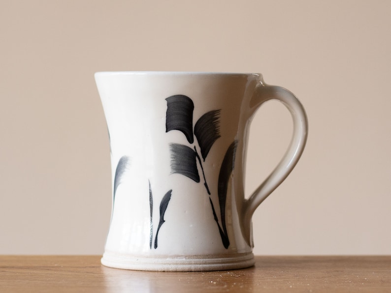 White Handmade Pottery Mug with Black Leaf Decoration 5 image 1
