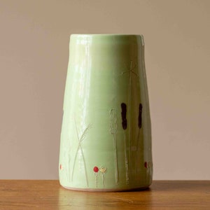 Green Handmade Pottery Vase with Wildflowers Design, ideal for Mother's Day Gift image 2
