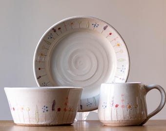 Breakfast set of Coffee Cup, Bowl and Small Plate with Midsummer Flower Design