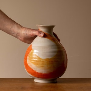 Large Moon Jar with Neck or Vase with Orange and Yellow Ombre Brushed Decoration