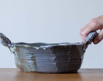 Large Handmade Japandi Inspired Ceramic Faceted Bowl with Green Brush Marks