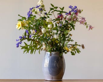 Handmade Pottery Japandi Style Open Vase with a Split Rim and Blue Brushed Decoration