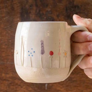 White Handmade Pottery Mug with Midsummer Flower Design