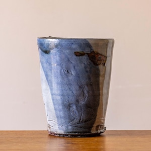 Tall White Handmade Japandi Style Pottery Beaker with Blue Brushed Decoration