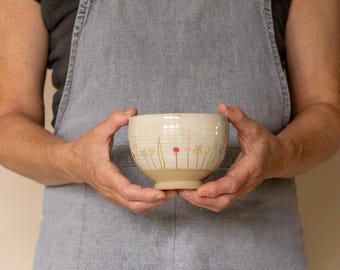 Small White Handcrafted Ceramic Bowl with Midsummer Flower Design