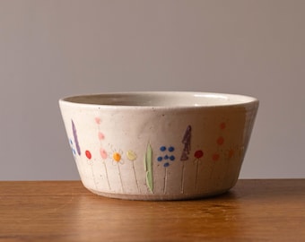 White Handcrafted Ceramic Cereal Bowl with Midsummer Flower Design