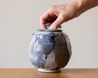 Handmade Pottery Faceted Lidded Jar with Blue Brush Marks