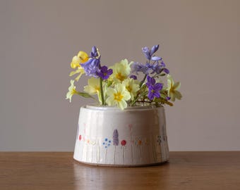 Small White Handmade Pottery Flower Brick with Midsummer Flower Design