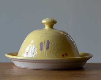 Yellow Handmade Pottery Butter Dish with Wildflowers Design