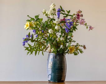 Handmade Pottery Japandi Style Open Vase with a Split Rim and Turquoise Brushed Decoration