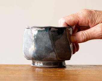 Handmade Faceted Ceramic Tea Bowl with Turquoise Brush Marks