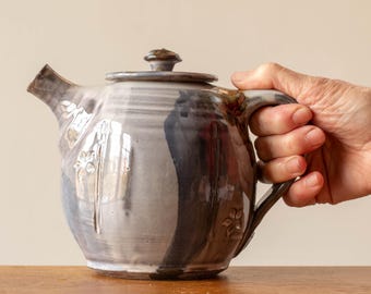 Handmade Stoneware Pottery Teapot with Blue Brushed Decoration