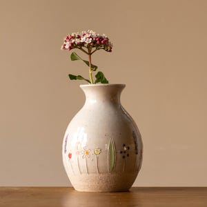 Small White Handmade Pottery Bud Vase with Midsummer Flower Design