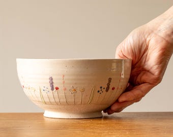 Medium Handmade Pottery White Bowl with Midsummer Flower Design