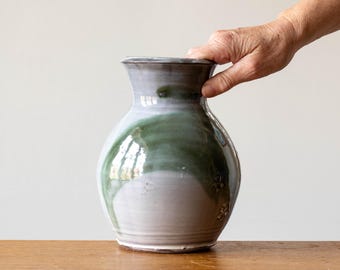 Large Japandi Style Ceramic Vase with Green Brush Mark