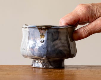 Handmade Faceted Ceramic Tea Bowl with Blue Brush Marks