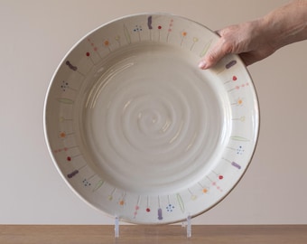 Large Handmade White Serving Plate with Midsummer Flower Design #2